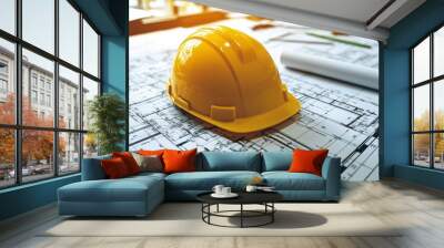 Yellow hard hat rests on blueprints in a sunlit construction office during late afternoon Wall mural