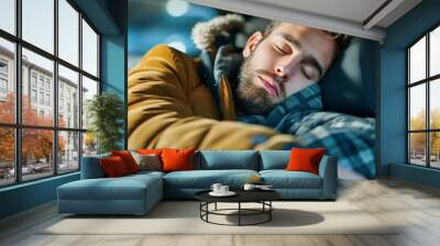 young man fell asleep at the wheel of a car Wall mural