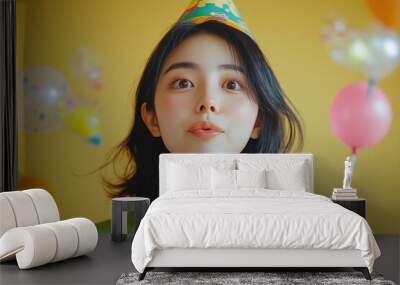 Young woman celebrating her birthday with a colorful hat and festive background Wall mural