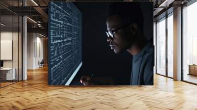 African American man programmer looking at lines of code on a screen. Generative ai Wall mural