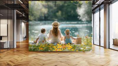 Family picnic by serene lake. A peaceful outdoor scene depicting a mother and two children enjoying a picnic by the water. For promoting family time, nature, and leisure activities in advertising Wall mural