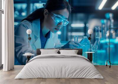 Focused female scientist conducting experiments in a modern laboratory. Emphasizes dedication and precision in scientific research. Ideal for educational and professional use in science and technology Wall mural