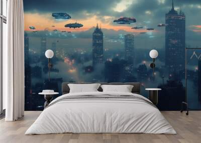 Futuristic cityscape with flying cars, advanced urban architecture at dawn, showcasing future technology and scifi themes, useful for design, storytelling, and conceptual projects Wall mural