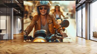 Joyful woman riding a motorcycle with a friend in the city. Represents freedom, adventure, and friendship, ideal for lifestyle and travel marketing. Wall mural