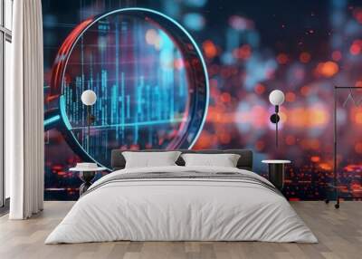 Magnifying glass analyzing data charts. Modern image depicting data analysis and market research concept. Ideal for financial, academic, and business presentations. Wall mural