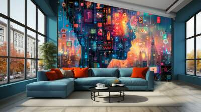 Vibrant Digital Collage of Human-like AI with Cityscape. Background Panorama. Wall mural