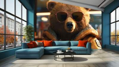 bear wearing sunglasses and jacket, digital art illustration, Generative AI Wall mural