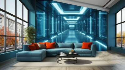 blue glass panel corridor, digital art illustration, Generative AI Wall mural