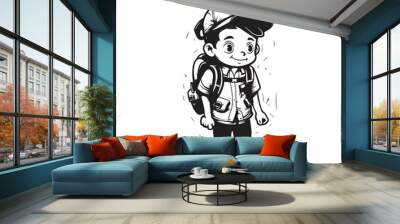 children with backpack, vintage logo line art concept black and white color, hand drawn illustration Wall mural