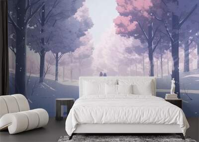 couple embraces in a snow, digital art illustration, Generative AI Wall mural