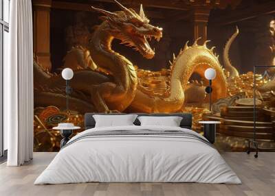 dragon guards hoard of golden treasure, digital art illustration, Generative AI Wall mural