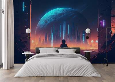 Immerse in a futuristic world at night with captivating illustrations Wall mural