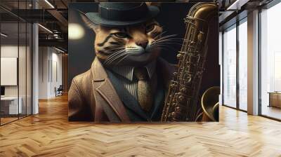 jazzy cat musician digital art illustration, Generative AI Wall mural