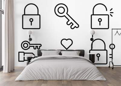 keys and locks line style icon collection Wall mural