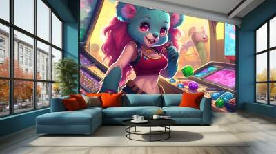 koala arcade gamer digital art illustration, Generative AI Wall mural