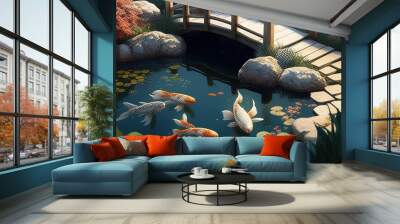 koi pond digital art illustration, Generative AI Wall mural