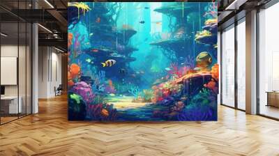 whimsical underwater dive, digital art illustration, Generative AI Wall mural