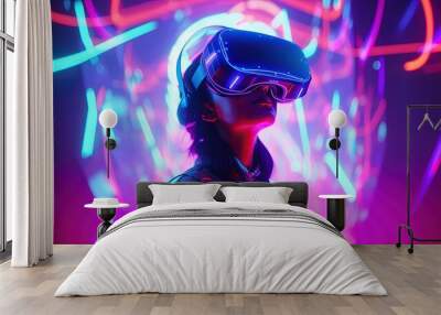 woman in VR glasses in neon space, digital art illustration, Generative AI Wall mural