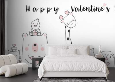 Valentine's Day background with cute baby animal cartoon hand drawn style Wall mural