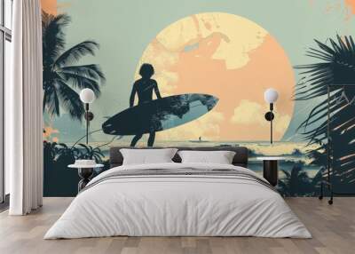 Tropical Dusk. Surfer's Silhouette Against Moon. Wall mural