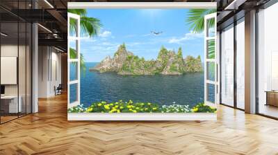 View from the window to the ocean and mountainous island 3d rendering Wall mural