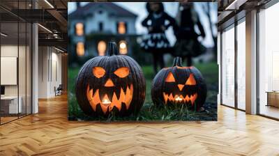 Two glowing jack-o'-lanterns with carved faces, side by side, blurred children of various nationalities dressed for Halloween, background of abandoned house. Festival of important days  Wall mural