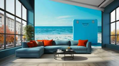 Blue Beach Cooler on Sandy Shore with Clear Ocean View Wall mural