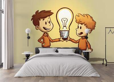 Illustrated Cartoon: Two Young Children Holding a Light Bulb, Representing the Concept of an Idea - AI generated Wall mural