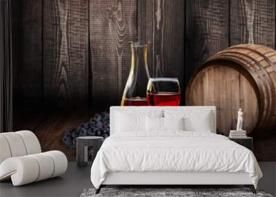 red wine glass bottle with barrel on vineyard wood Wall mural