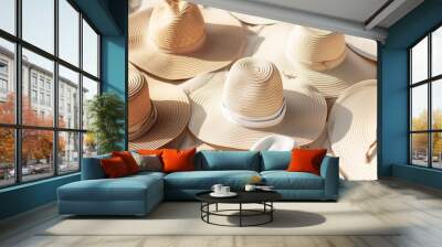 Variety of Beach Hats Arranged on Sandy Beach for Sun Protection Wall mural