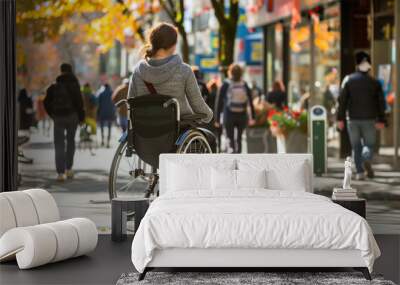 Wheelchair User Exploring a Vibrant Urban Street on a Sunny Day Wall mural