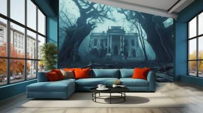 Horror halloween haunted house in creepy night forest Wall mural