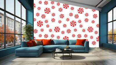 Christmas Peppermint Candy Seamless Vector Pattern. Red and White Swirls on White Background. Random size. Pattern Swatch Made with Global Colors. Wall mural