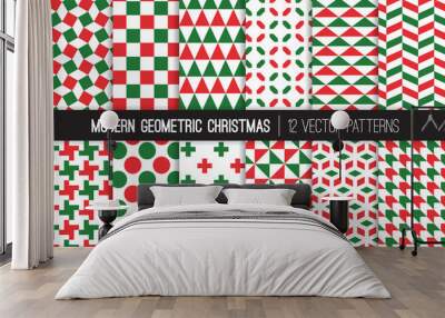 Christmas Red Green White Modern Geometric Vector Patterns. Bold Prints for Xmas Wrapping Paper or Card-making. Holiday Backgrounds. Repeating Pattern Tile Swatches Included.  Wall mural