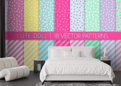 Cute Girly LOL Doll Style Vector Patterns. Random Polka Dots and Stripes in Pastel Pink, Blue, Lilac, Mint Green, Yellow and White. Kids Birthday Party Decor. Repeating Pattern Tile Swatches Included. Wall mural