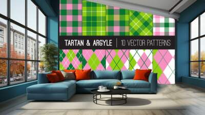 Pink Green Golf Vector Patterns in Argyle, Tartan and Gingham Plaid. Preppy Style Women's Golf Fashion Backgrounds. Birthday Party or Charity Golf Events Decor. Pattern Tile Swatches Included. Wall mural