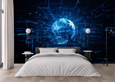 3d illustration of abstract sphere shape of glowing circles and particles . Global Network connection visualization . Futuristic earth globe . 3d planet concept . Science and technology background Wall mural