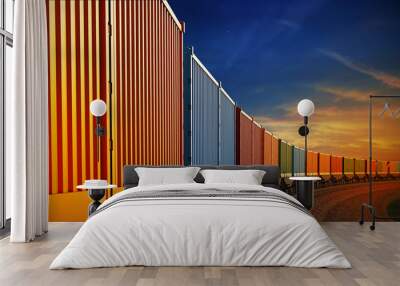 wagon of freight train with containers on the sky background Wall mural