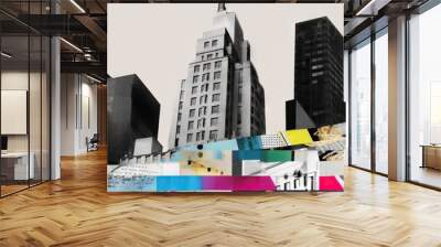  Abstract collage of skyscrapers, business buildings in big city. Surreal skyscraper banner concept, contemporary colors and mood social. Generate AI Wall mural