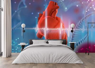 3d illustration of human heart and cardiogram on futuristic blue background. Digital technologies in medicine Wall mural