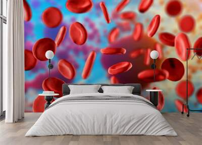 3d illustration of red blood cells erythrocytes close-up under a microscope in the body. Scientific medical background Wall mural