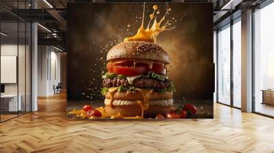 A dynamic, close-up shot of a burger exploding vertically, with cheese, tomatoes, and sauce suspended in mid-air, golden lighting highlighting the savory textures against an elegant, nostalgic backgro Wall mural