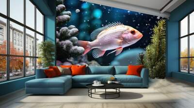 A vibrant fish swims amidst a snowy underwater landscape, surrounded by snow-covered aquatic plants and floating bubbles Wall mural