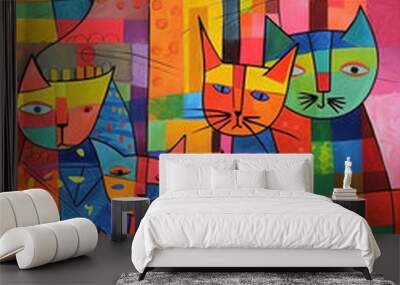 Abstract art colorful cats background. Modern expressionism painting. Ai generated Wall mural