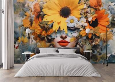 Abstract contemporary art collage portrait of young woman with flowers on face hides her eyes. Generative AI Wall mural