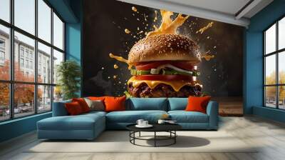 An artistic, cinematic image of a burger mid-explosion, with its ingredients separated in mid-air, highlighted by soft, golden light and set against a background that blends nostalgia with modern soph Wall mural