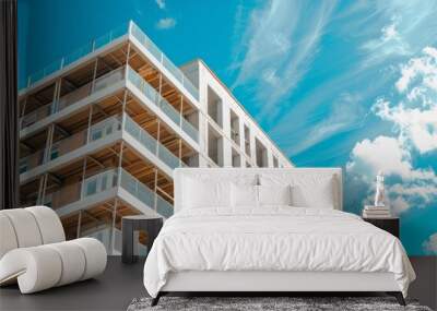 Architecture and site concept - close up of modern building construction part over blue sky Wall mural