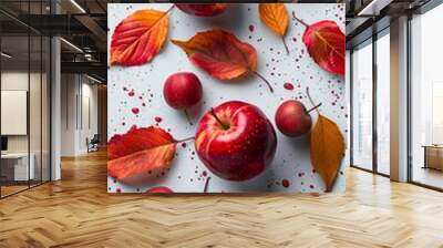 Autumn composition: red apples and colorful autumn leaves Wall mural