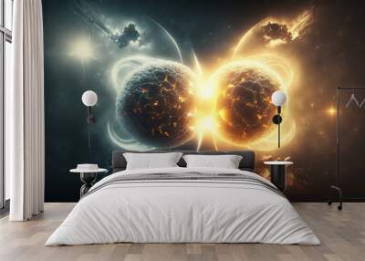 background explosion collision of two planets in the sky Wall mural