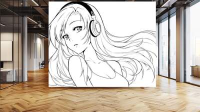 Beautiful anime girl in headphones listening to music Wall mural